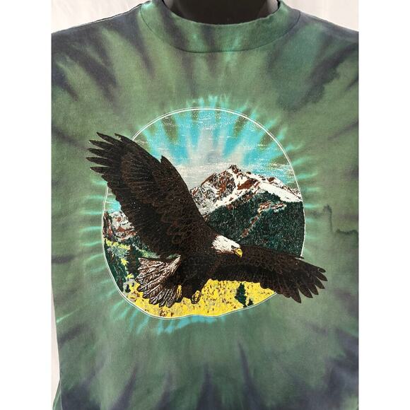 VTG 90s Green Tie-dyed Bald Eagle Flying Over Mountains T-Shirt X-LARGE - Picture 7 of 11